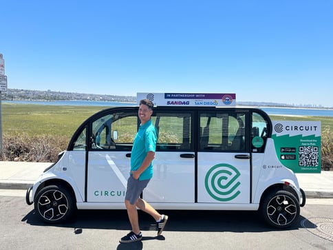 Man smiling in front fo Circuit car at the beach