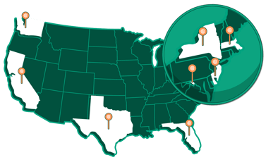 Green map of the United States, with states with Circuit services highlighted in white