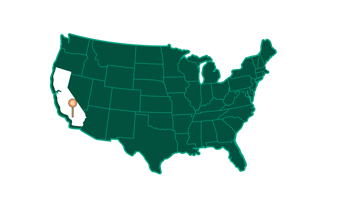 Green map of the united states with California highlighted in white